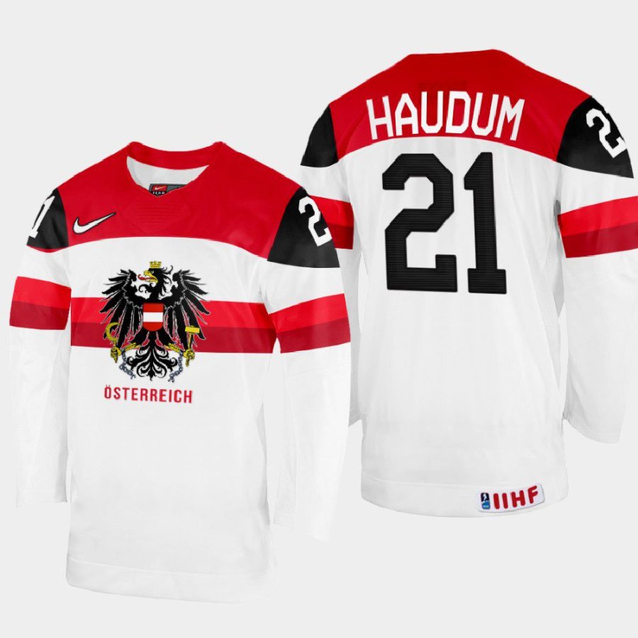 austria hockey lukas haudum 2022 iihf world championship home jersey white