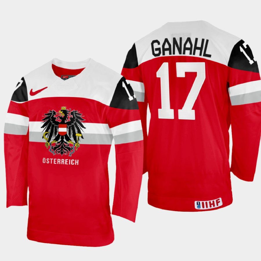 austria hockey manuel ganahl 2022 iihf world championship away jersey red