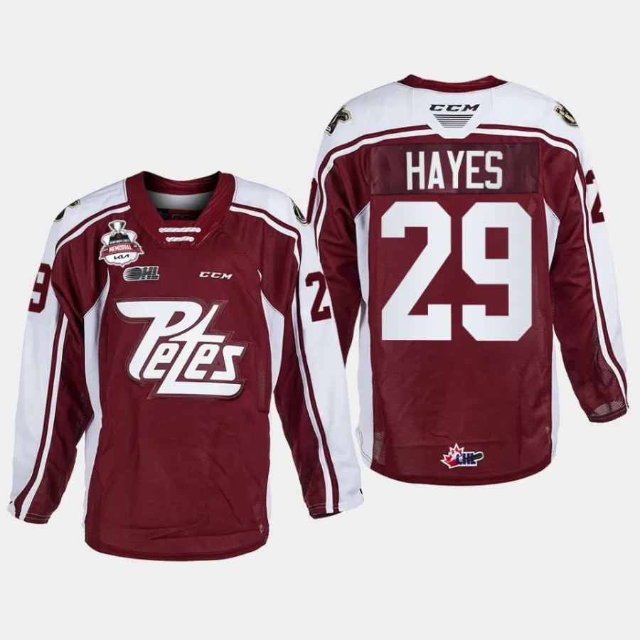 avery hayes peterborough petes maroon 2023 ohl champions memorial cup jersey