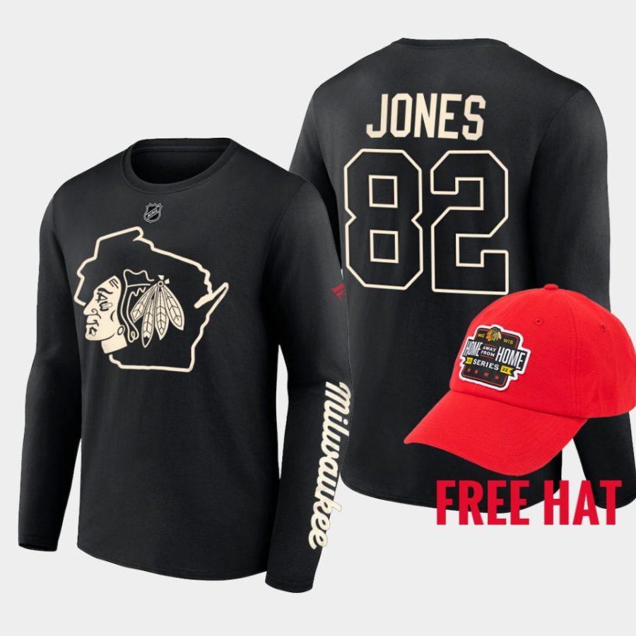 blackhawks caleb jones black milwaukee home away from home hat t shirt