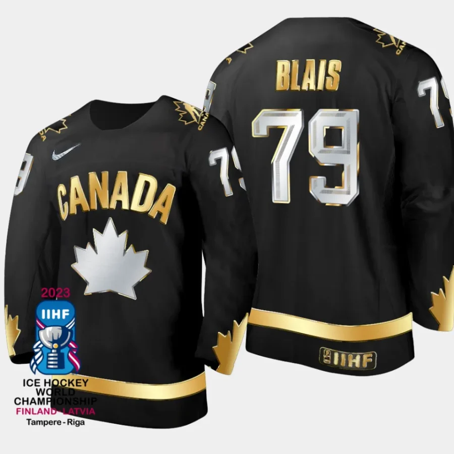 canada hockey sammy blais 2023 champions du monde men gold trophy jersey black