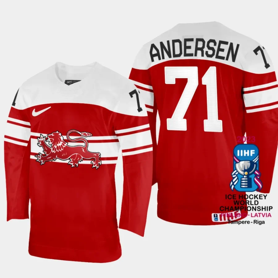 denmark hcokey lucas andersen 2023 iihf world championship away jersey red