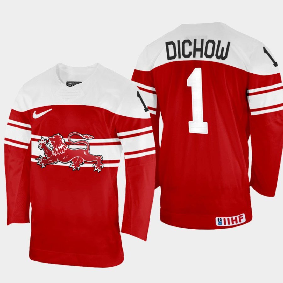 denmark hockey frederik dichow 2022 iihf world championship away jersey red