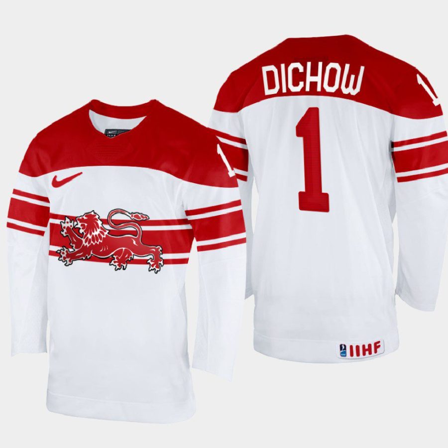 denmark hockey frederik dichow 2022 iihf world championship home jersey white