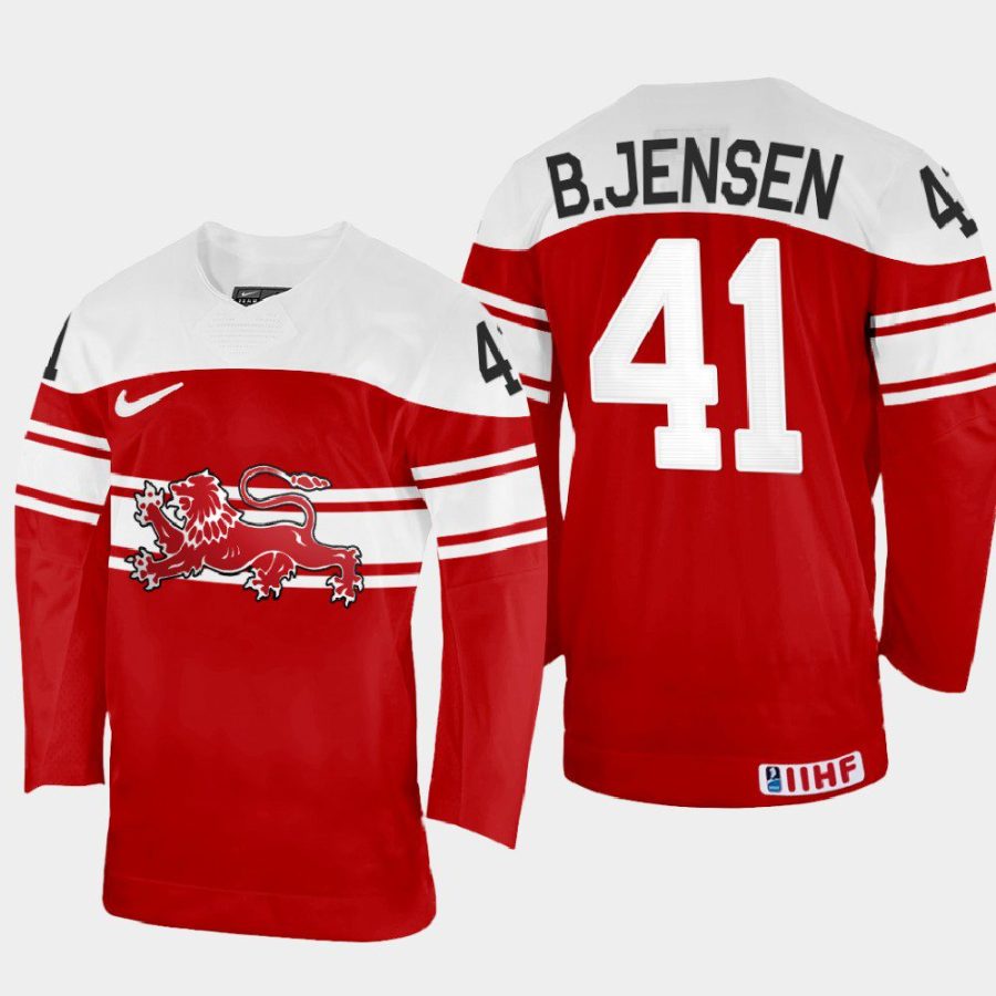 denmark hockey jesper b. jensen 2022 iihf world championship away jersey red