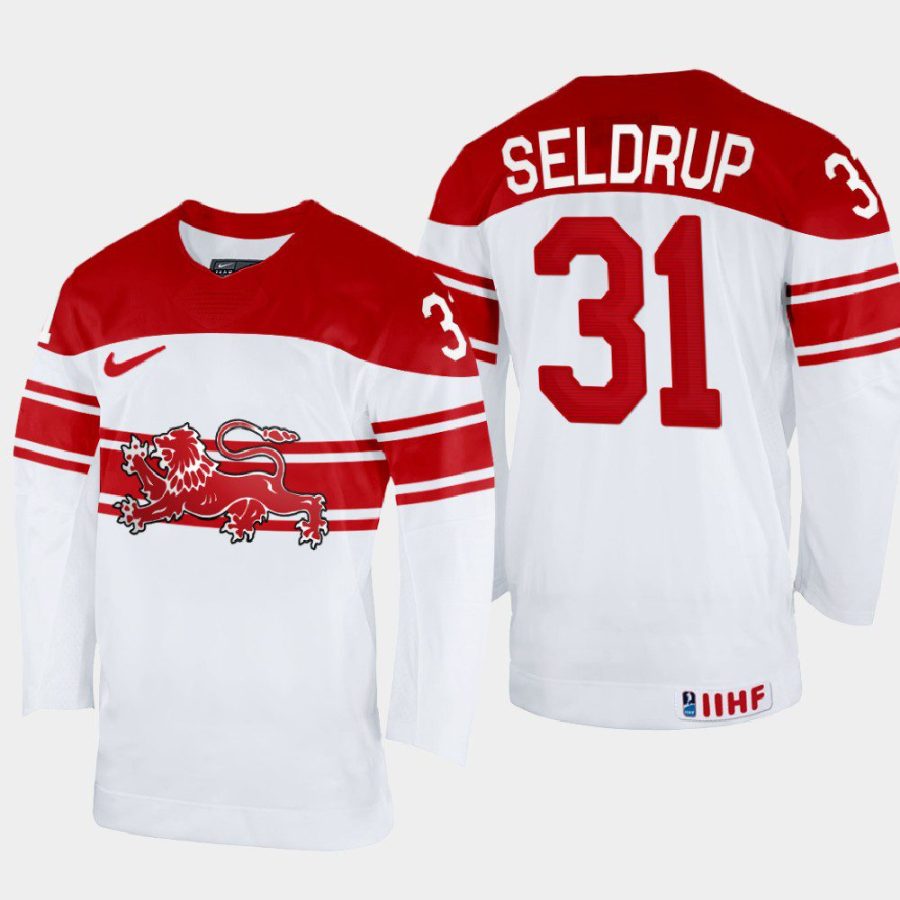 denmark hockey mathias seldrup 2022 iihf world championship home jersey white