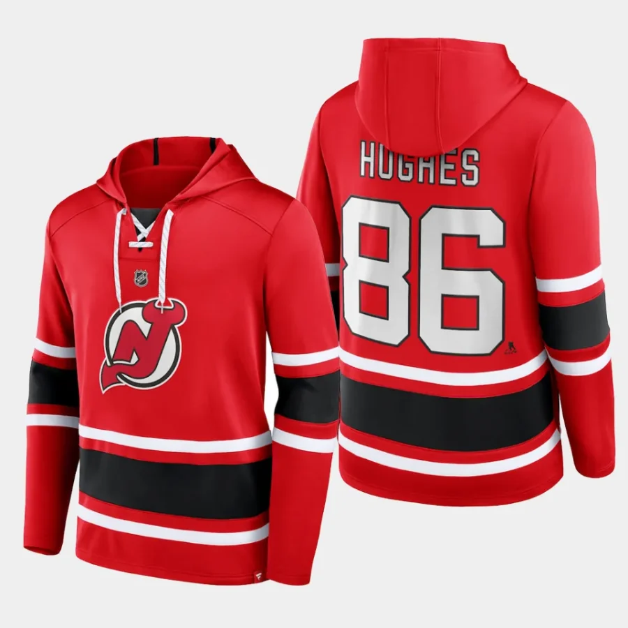 devils jack hughes red name number lace up pullover hoodie