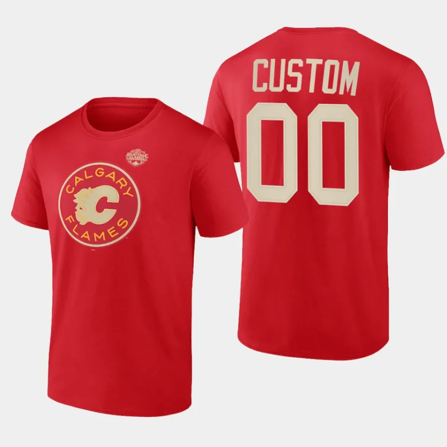 flames custom red 2023 nhl heritage classic primary logo t shirt