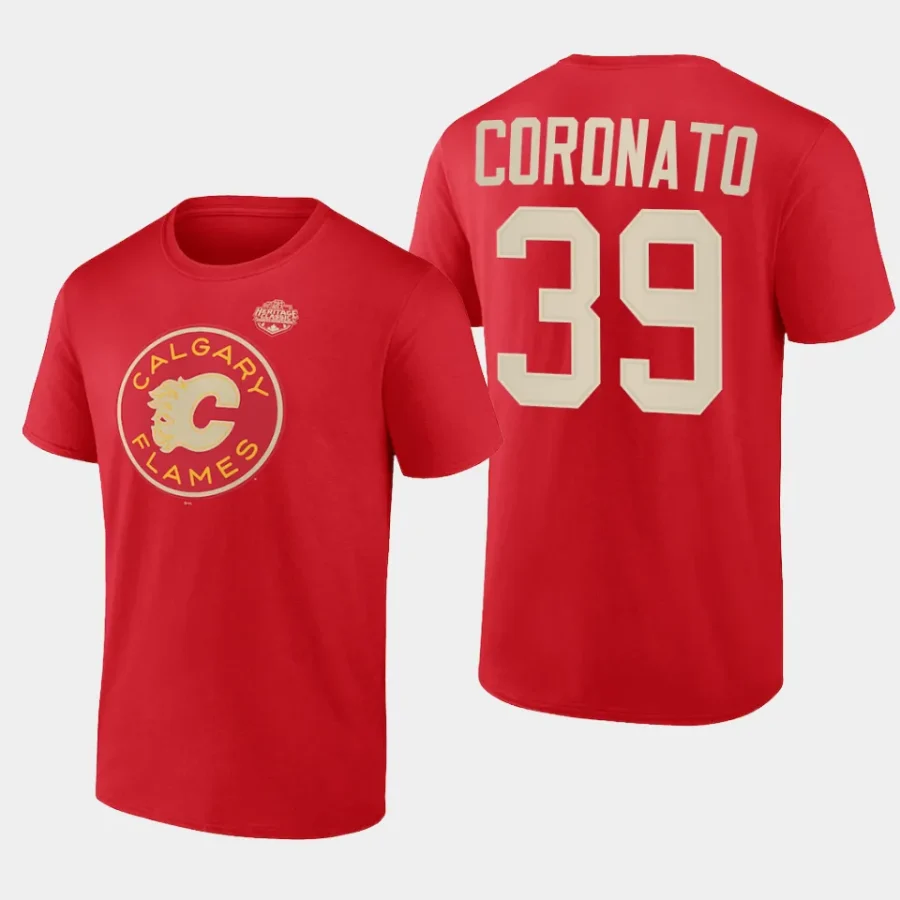 flames matthew coronato red 2023 nhl heritage classic primary logo t shirt