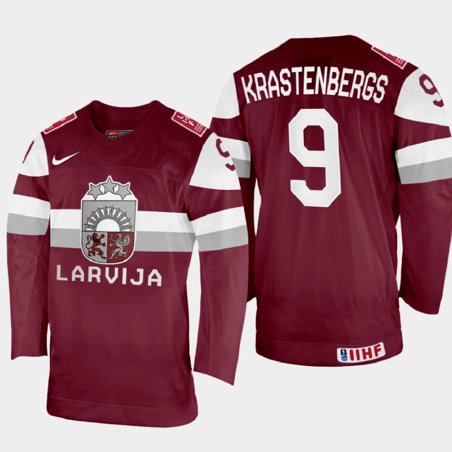 latvia hockey renars krastenbergs 2022 iihf world championship away jersey maroon