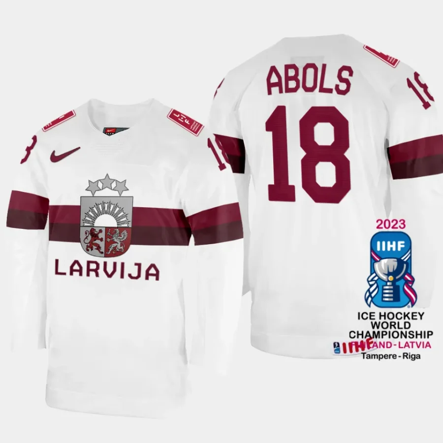 latvia hockey rodrigo abols 2023 iihf world championship home jersey white