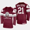 latvia hockey rudolfs balcers 2022 iihf world championship away jersey maroon