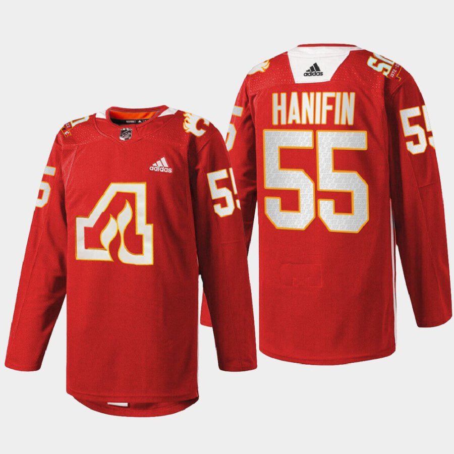 men atlanta flames noah hanifin 2022 warm up 50th anniversary red jersey