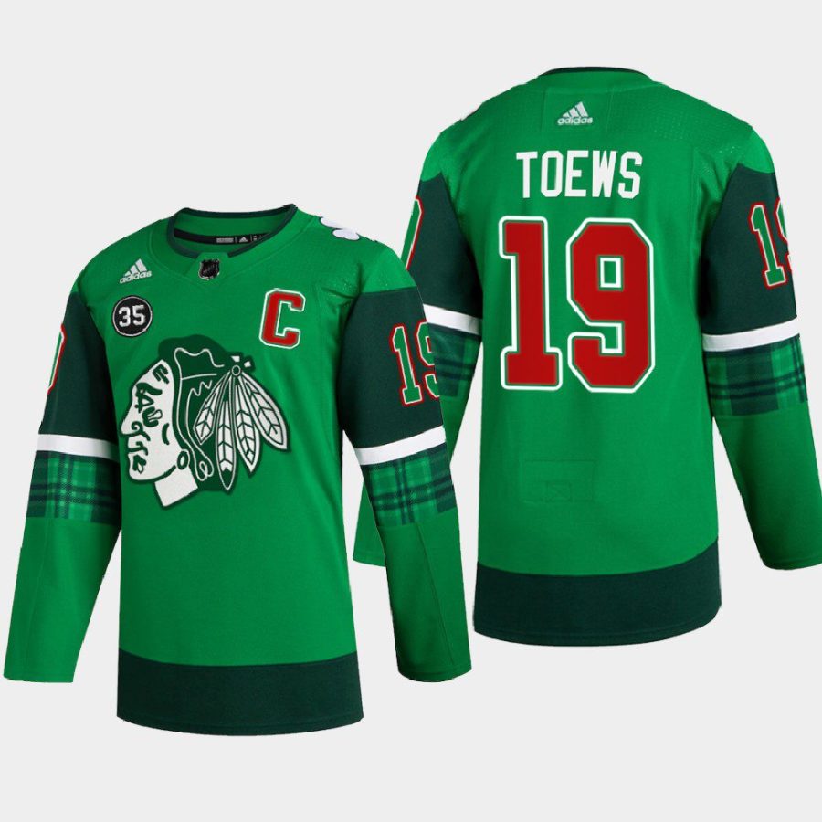 men blackhawks jonathan toews warm up st. patricks day 2022 green jersey