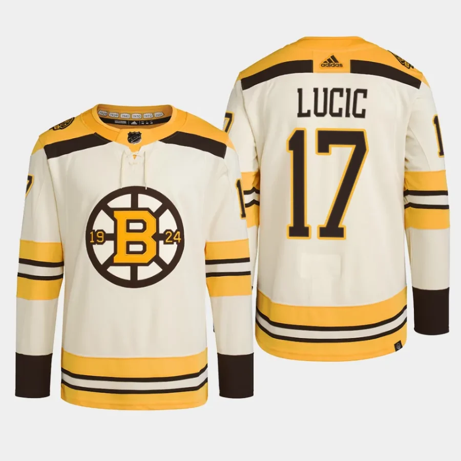 men bruins milan lucic 2023 24 primegreen 100th anniversary authentic player cream jersey