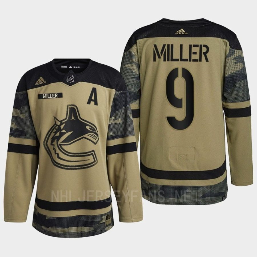 men canucks j.t. miller camo warm up 2022 armed forces green jersey