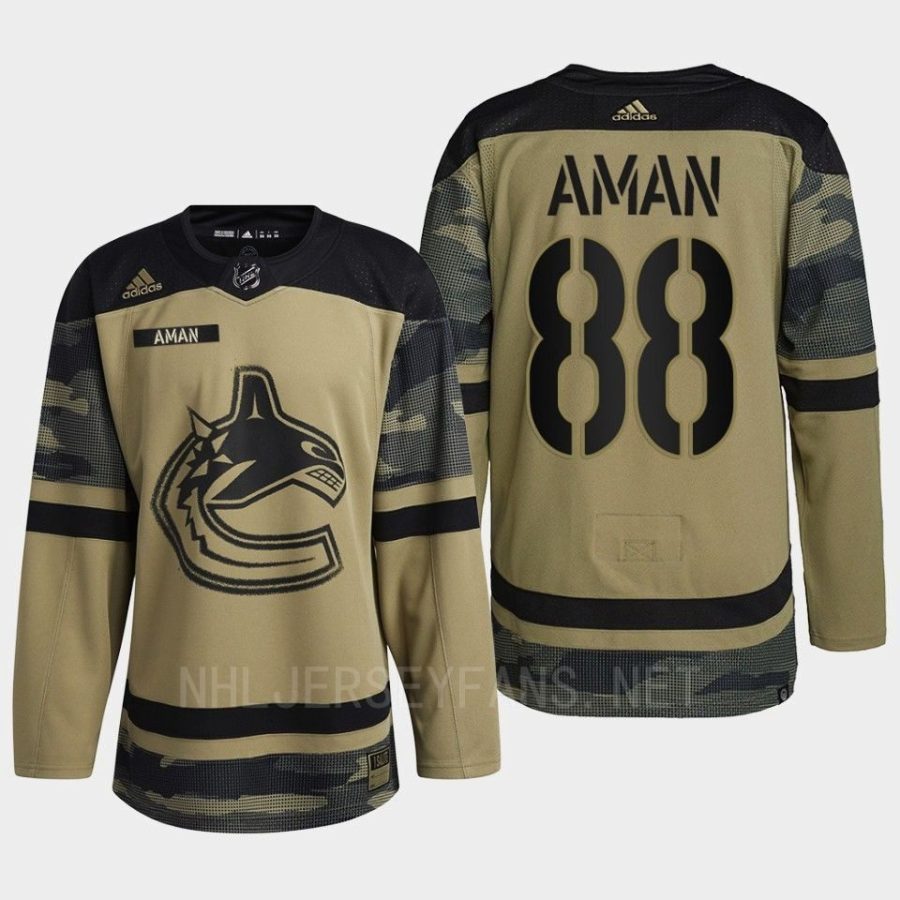 men canucks nils aman camo warm up 2022 armed forces green jersey