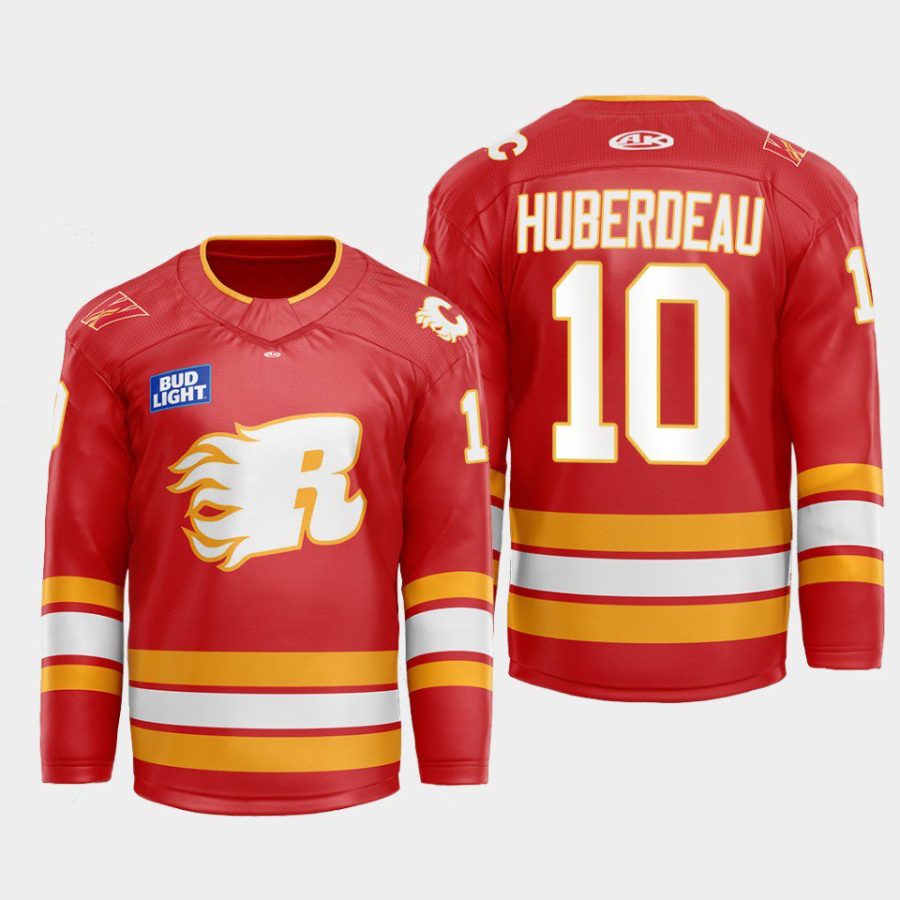 men flames jonathan huberdeau 2022 23 warmup flames x rush x cgy wranglers red jersey