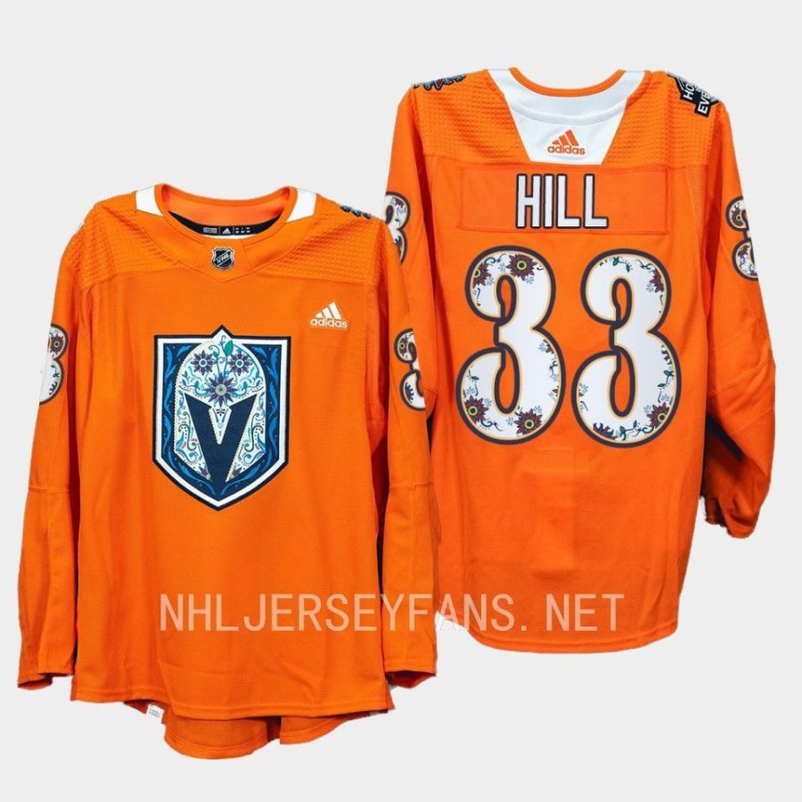 men golden knights adin hill 2022 warmups hispanic heritage night orange jersey