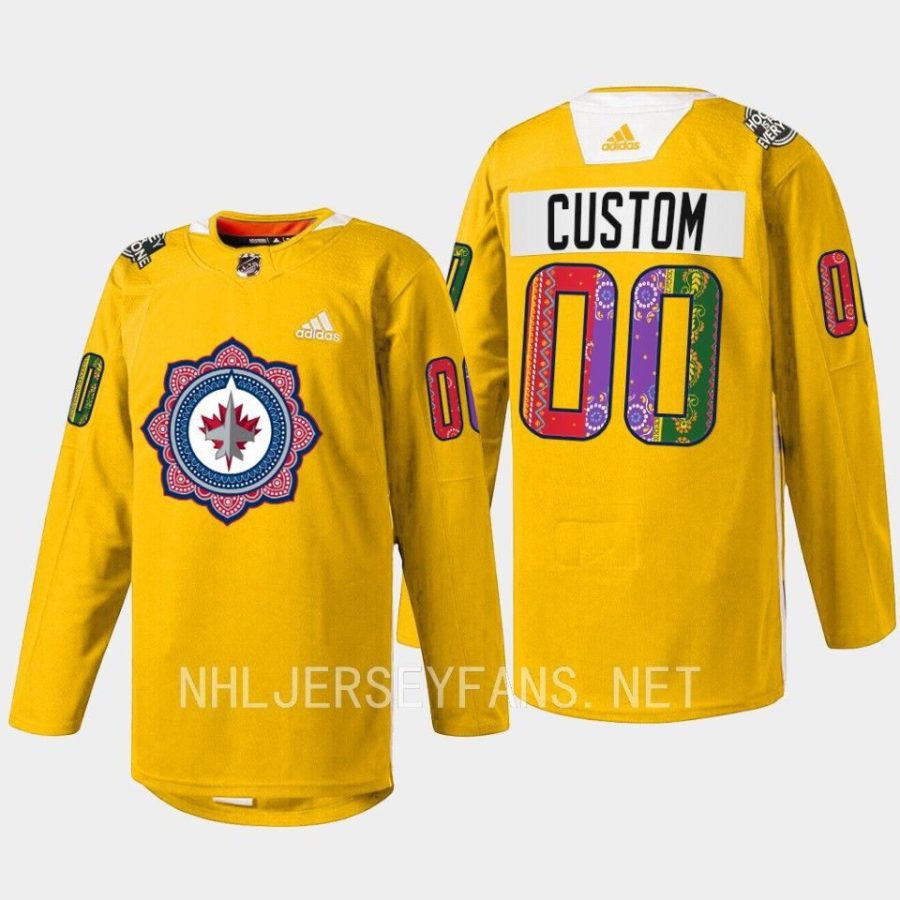 men jets custom warmup south asian heritage night 2023 gold jersey