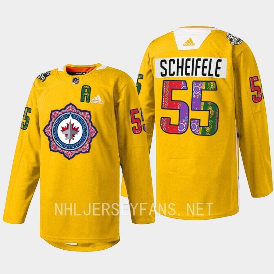 men jets mark scheifele warmup south asian heritage night 2023 gold jersey