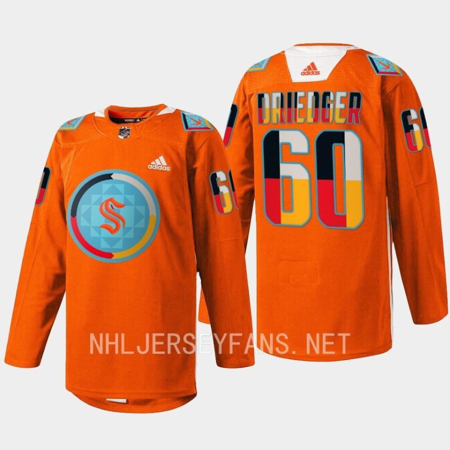 men kraken chris driedger 2022 warmup indigenous people night orange jersey