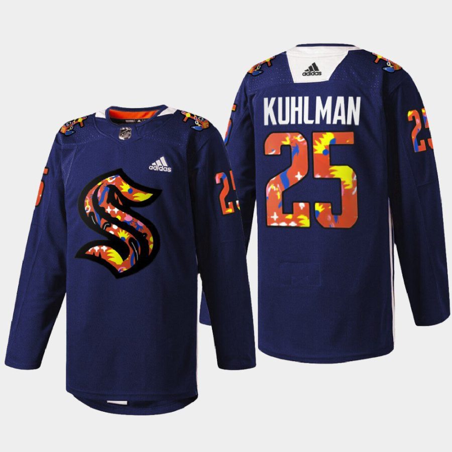 men kraken karson kuhlman 2022 stevie artwork warmup women of hockey navy jersey