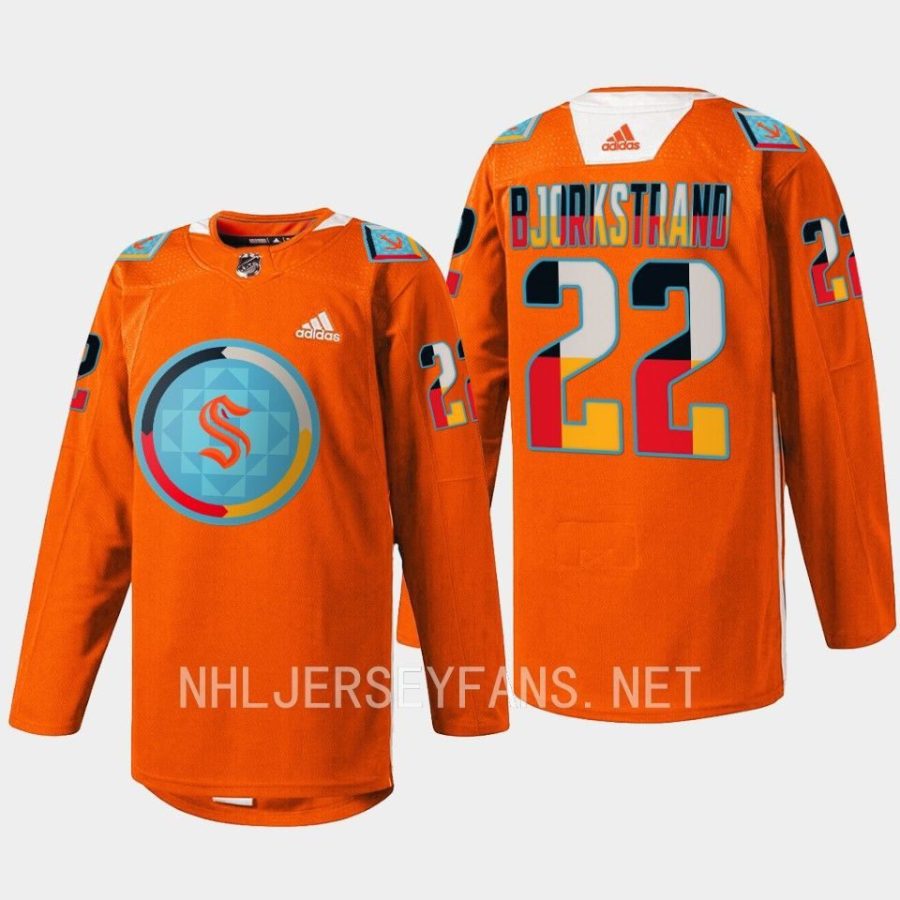 men kraken oliver bjorkstrand 2022 warmup indigenous people night orange jersey