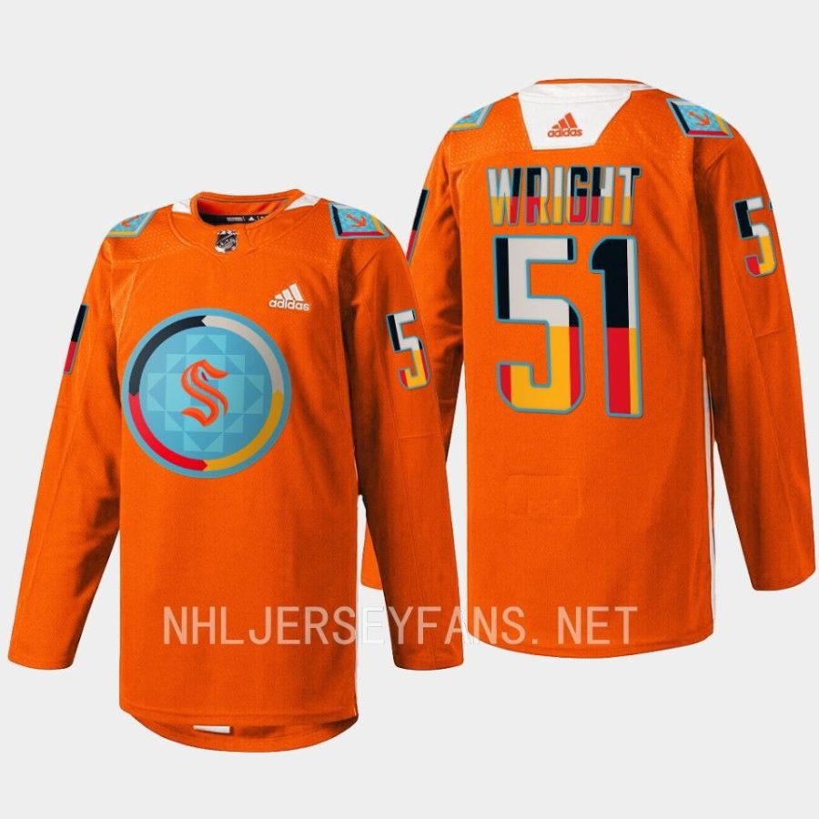 men kraken shane wright 2022 warmup indigenous people night orange jersey