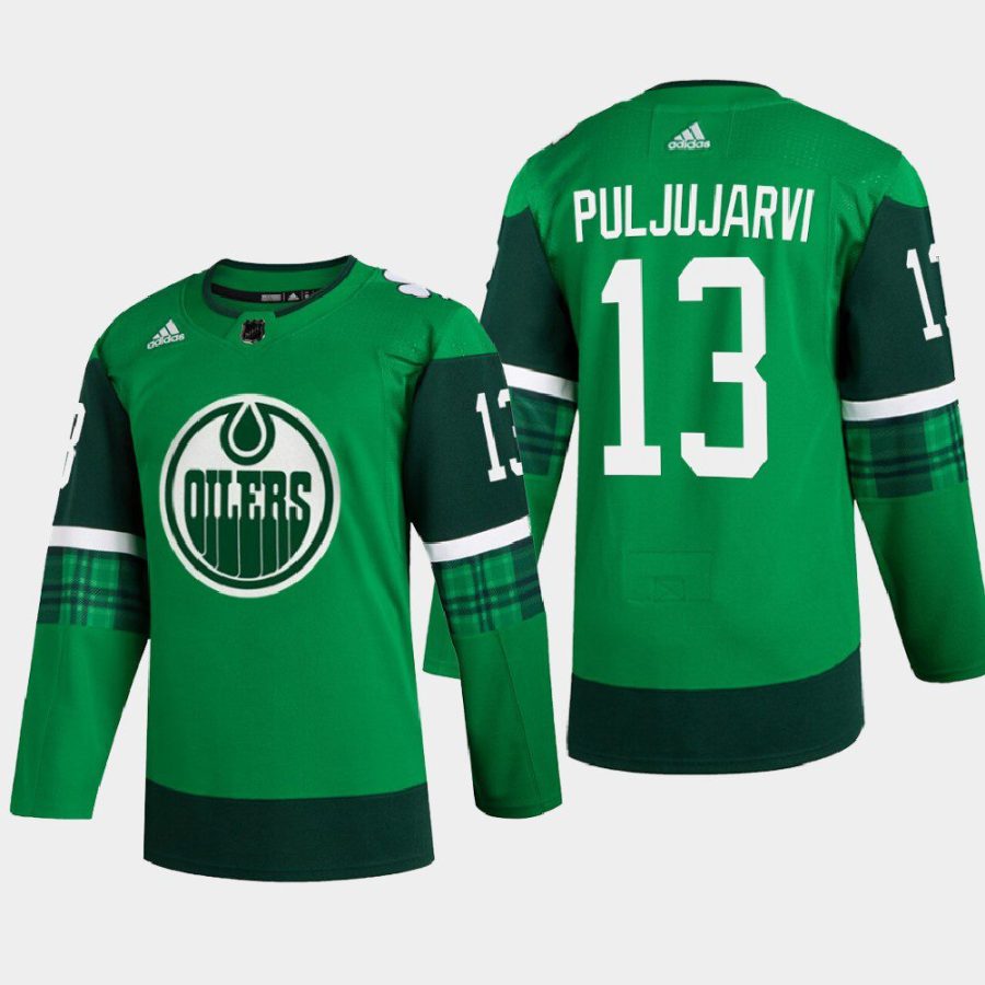 men oilers jesse puljujarvi warm up 2022 st. patrick green jersey