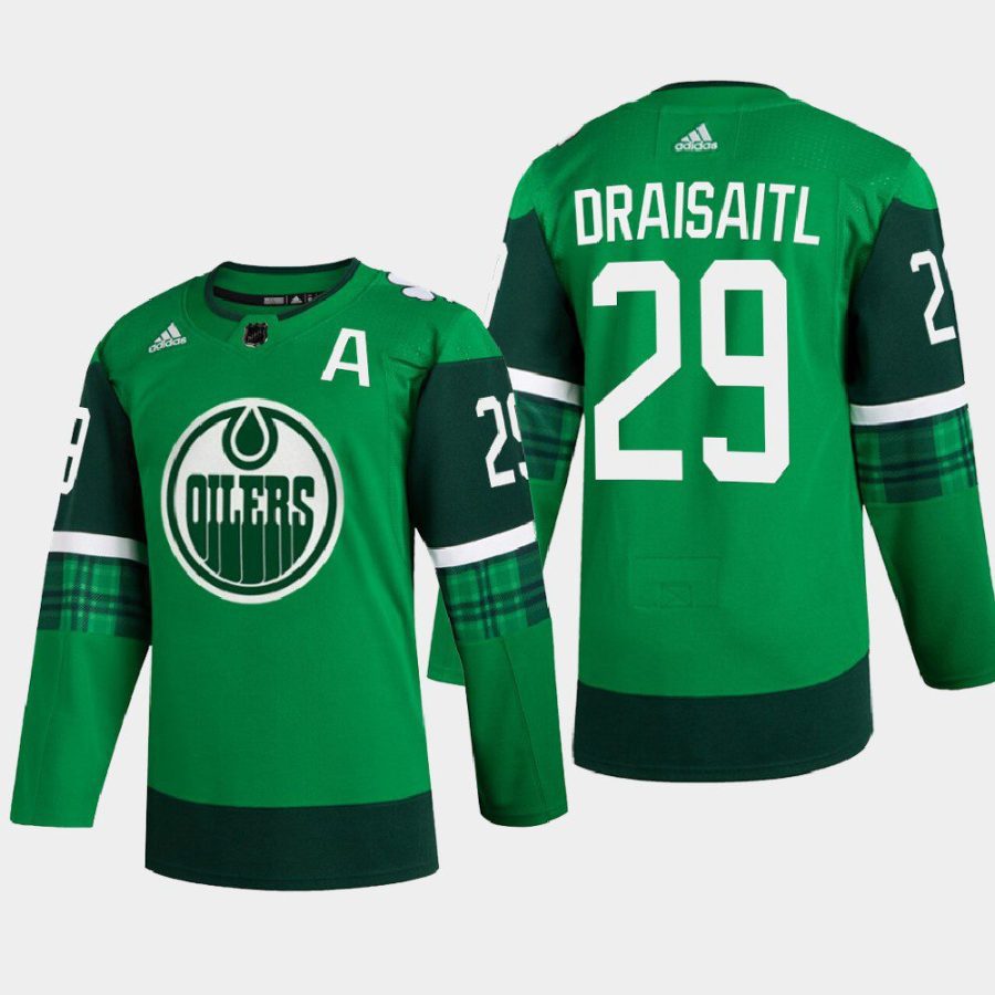 men oilers leon draisaitl warm up 2022 st. patrick green jersey