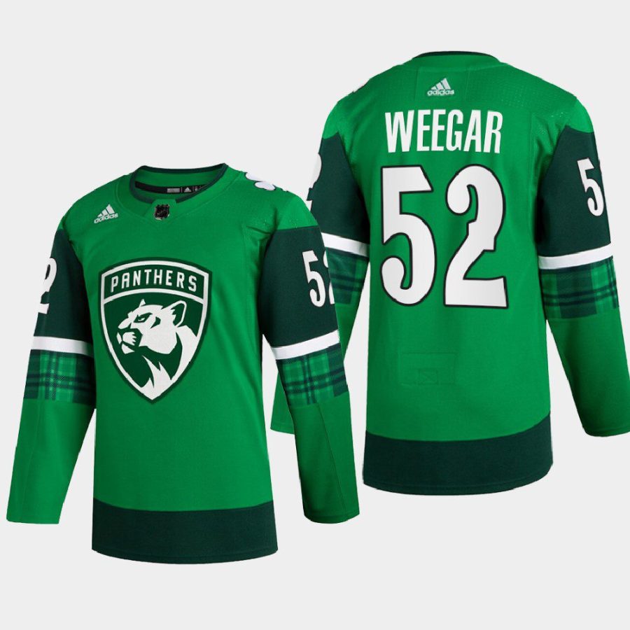 men panthers mackenzie weegar warm up st. patricks day 2022 green jersey