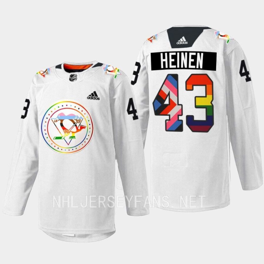 men penguins danton heinen 2022 rainbow pride warmup white jersey