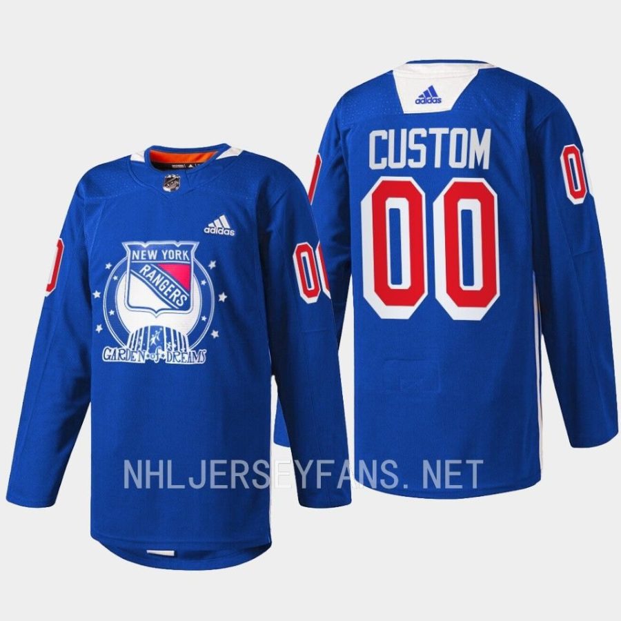 men rangers custom warmups garden of dreams 2022 blue jersey