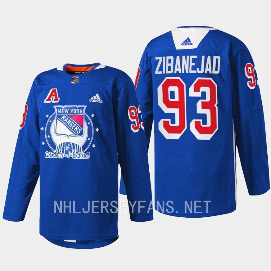 men rangers mika zibanejad warmups garden of dreams 2022 blue jersey