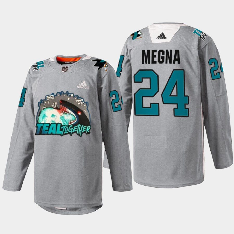 men sharks jaycob megna teal togehter fan appreciation 2022 gray jersey