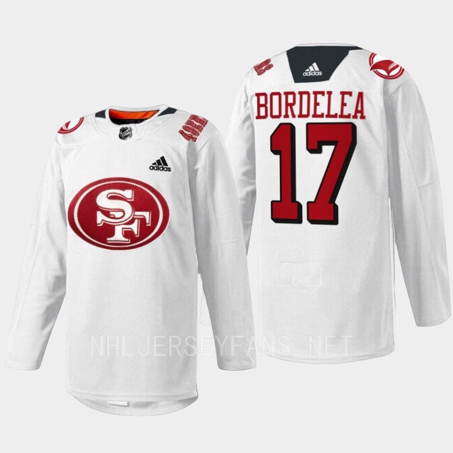 men sharks thomas bordeleau 2022 specialty warm up 49er mash up white jersey