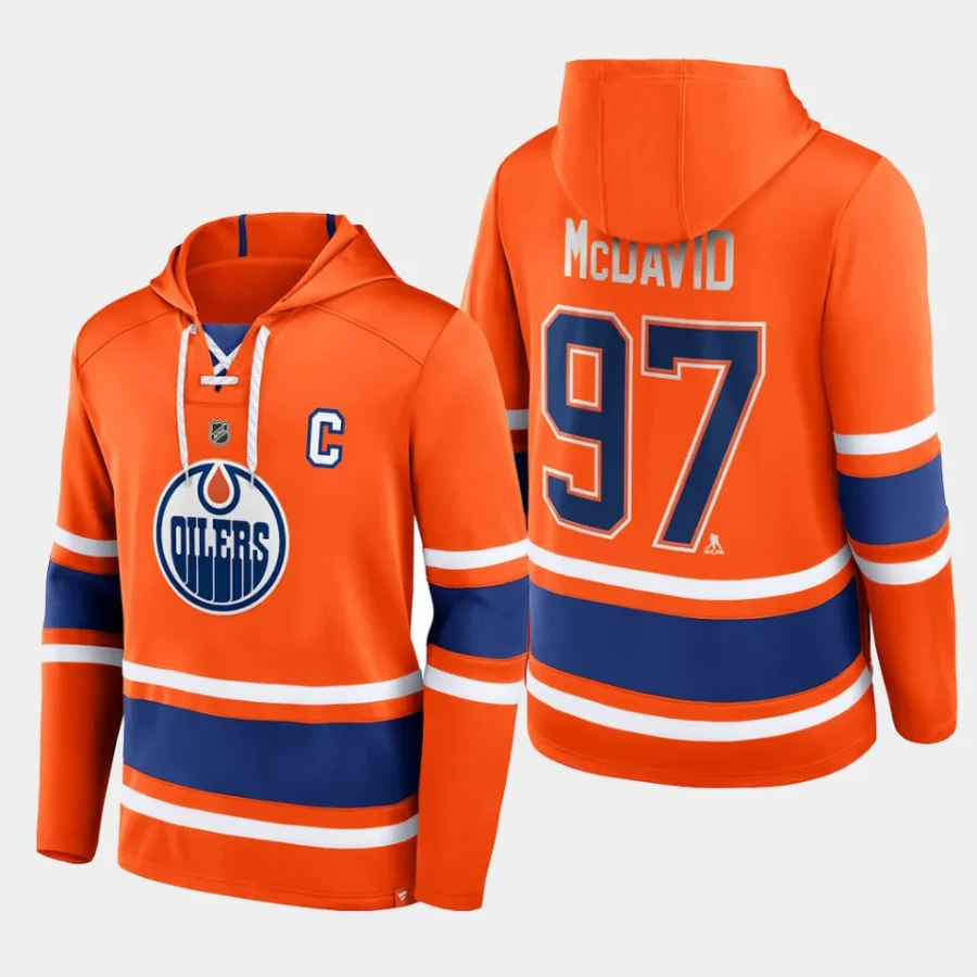 oilers connor mcdavid orange name number lace up pullover hoodie