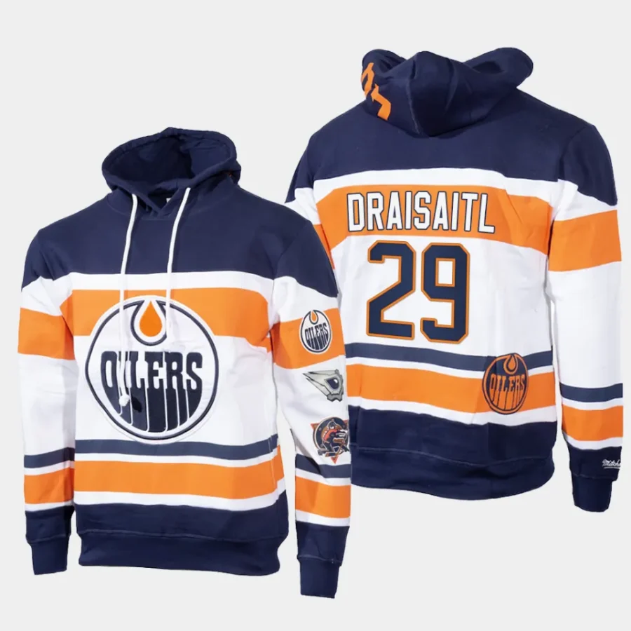 oilers leon draisaitl navy white mitchell ness pullover name number hoodie