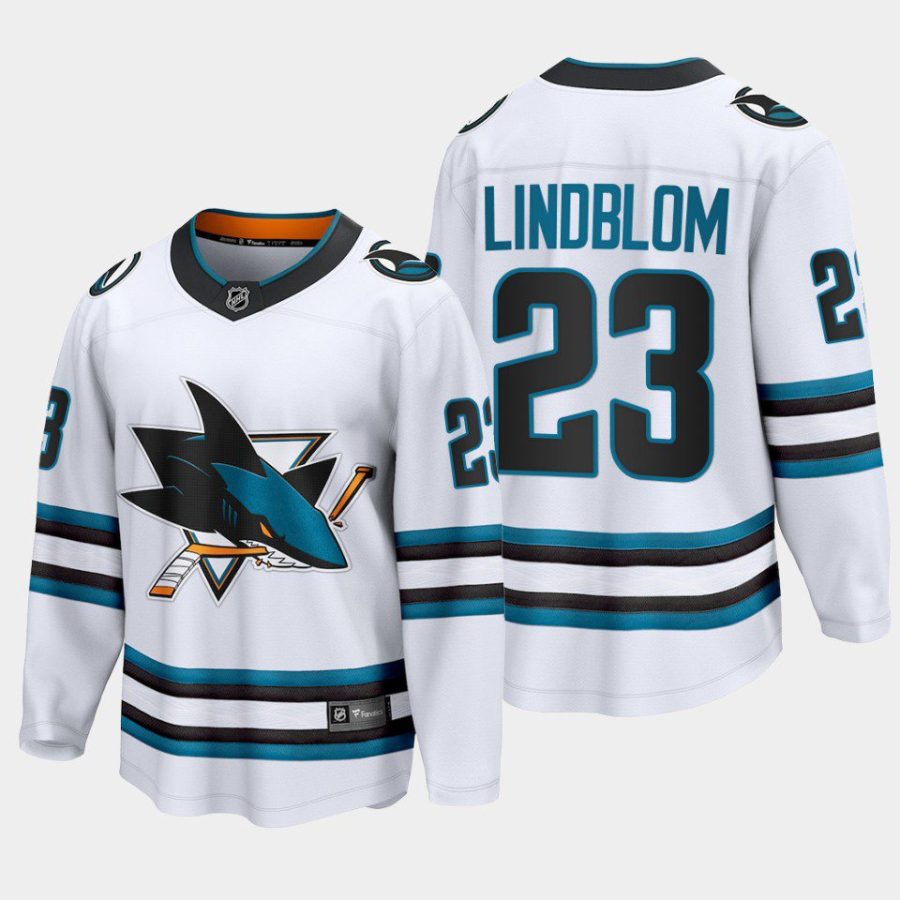 san jose sharks oskar lindblom away 2022 23 the evolve jersey white