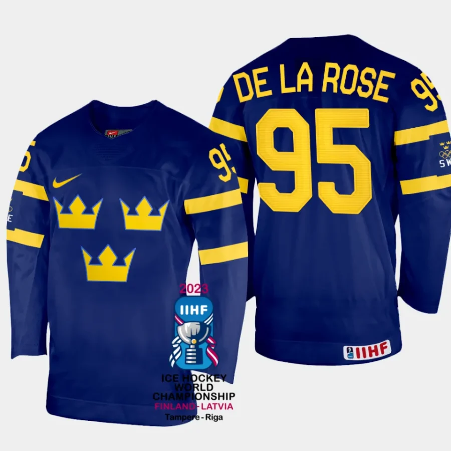 sweden hockey jacob de la rose 2023 iihf world championship men away jersey navy