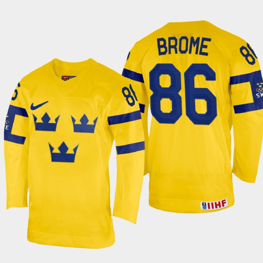 sweden hockey mathias brome 2022 iihf world championship home jersey yellow