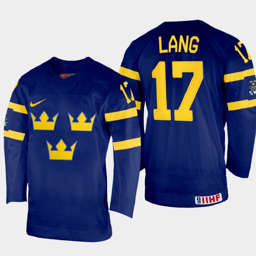 sweden hockey oskar lang 2022 iihf world championship away jersey navy