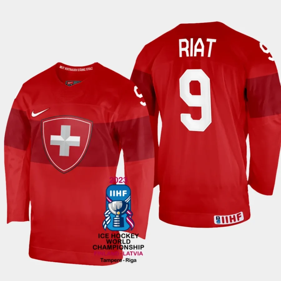 switzerland hockey damien riat 2023 iihf world championship men away jersey red