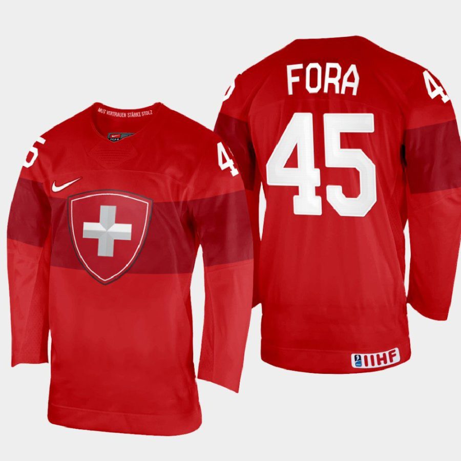 switzerland hockey michael fora 2022 iihf world championship away jersey red