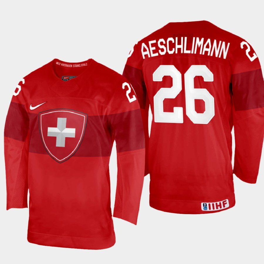 switzerland hockey sandro aeschlimann 2022 iihf world championship away jersey red