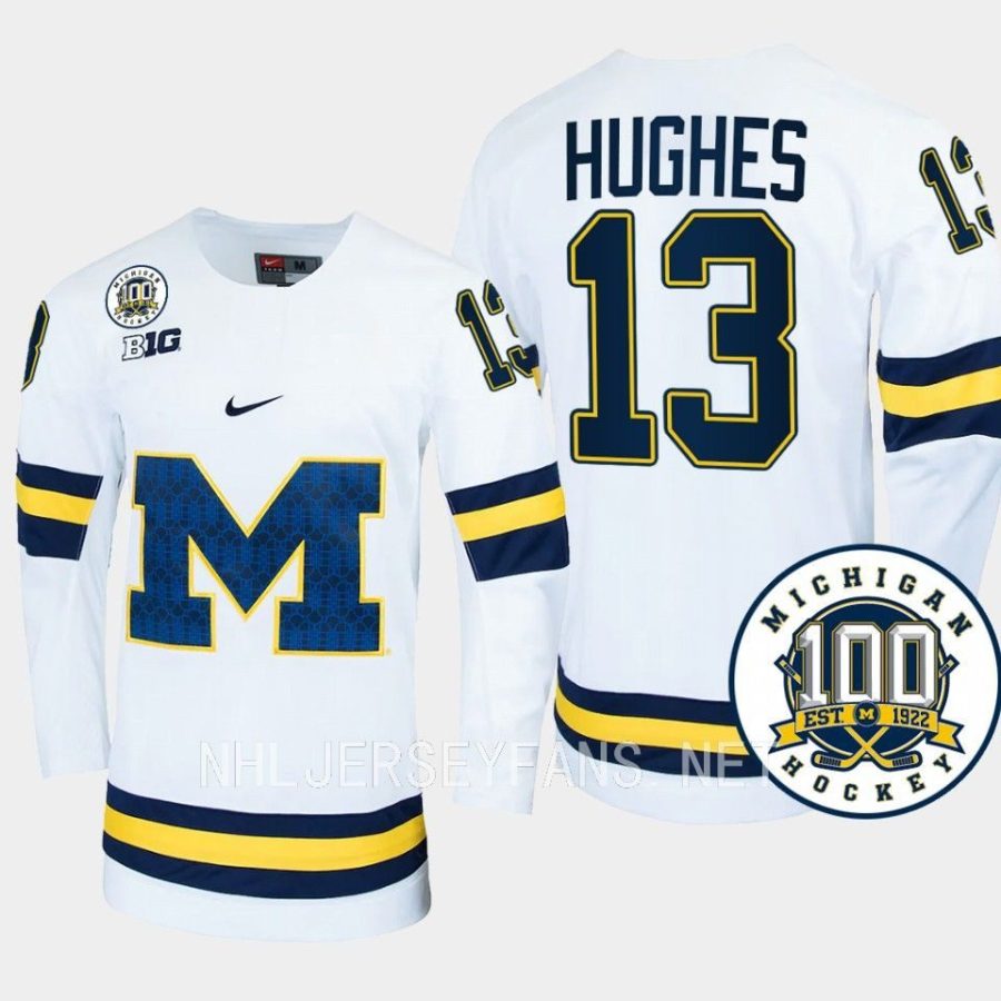 t.j. hughes michigan wolverines white 100th anniversary hockey jersey