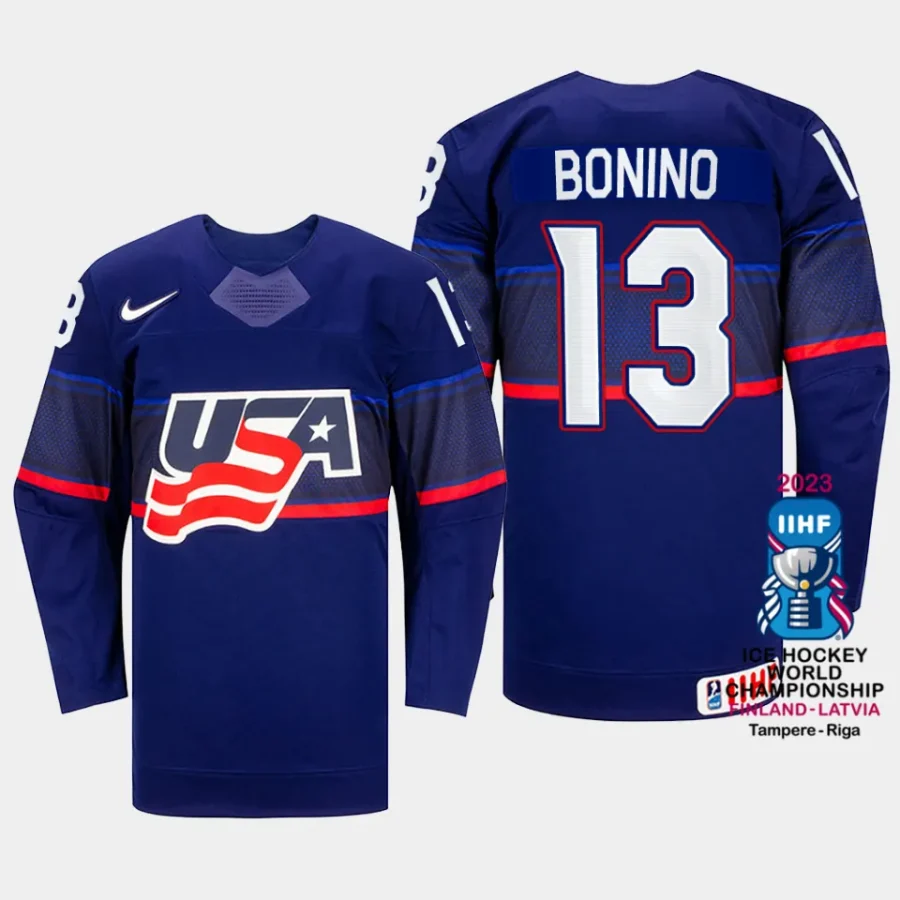 usa hockey nick bonino 2023 iihf world championship men away jersey blue