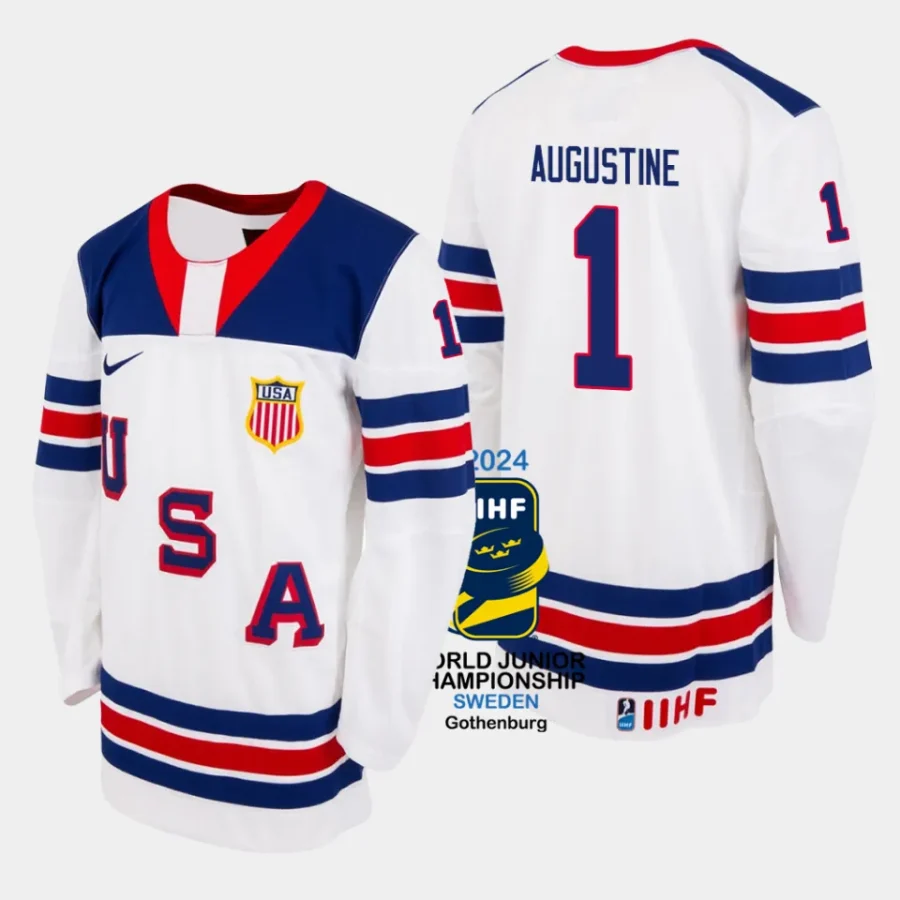 usa hockey trey augustine 2024 iihf world junior champions jersey white