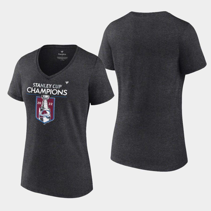 women colorado avalanche 2022 stanley cup champions charcoal v neck t shirt